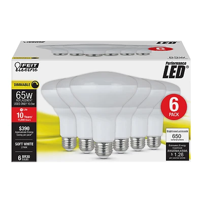 Feit Electric BR30/DM/10KLED/6 LED Bulb, Dimmable, Soft White, 65W Equivalent, 6-Pk