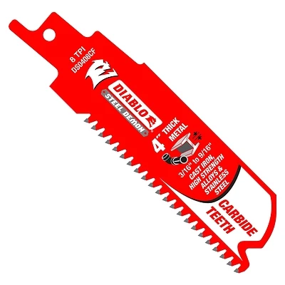 Diablo DS0408CF3 Reciprocating Saw Blade, 1 in W, 4 in L, 8 TPI, Carbide Cutting Edge