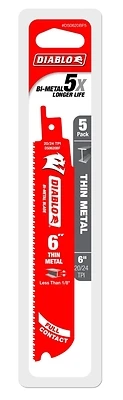 Diablo DS0620BF5 Reciprocating Saw Blade, 1 in W, 6 in L, 20/24 TPI, Bi-Metal Cutting Edge