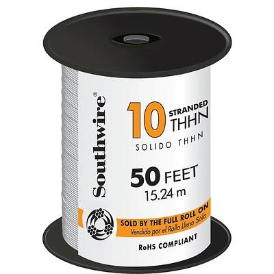 Southwire 22974083 10 AWG THHN Building Wire, White, 50 Ft.