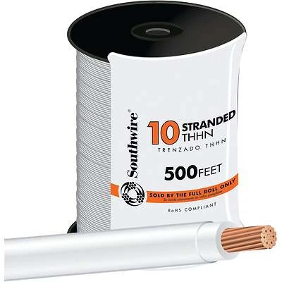Southwire 22974057 Stranded White THHN Wire, 10 AWG, 500 Ft