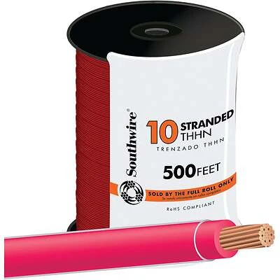 Southwire 22975757 10 AWG Stranded THHN Electrical Wire, 500 Ft., Red