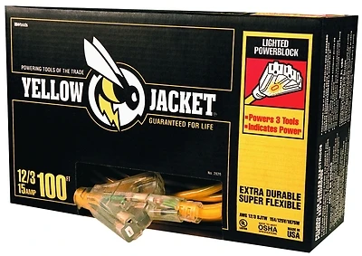 Yellow Jacket 100 Ft. 12/3 Sjtw Indoor/outdoor Triple Outlet Extension Cord