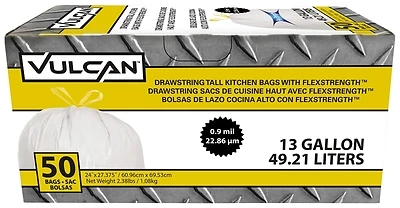 Vulcan FG-O3812-04 Kitchen Trash Bags, 13 Gal, White, Drawstring
