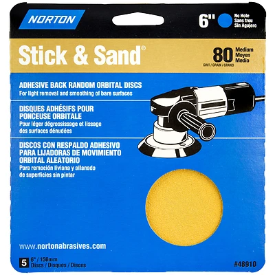 Norton 48910 Stick & Sand Sanding Discs, 6 In., P80 Grit, 5-Pack