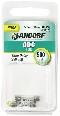 Gdc 500ma Time Delay Glass Fuse 2 Pk, 5mm X 20mm, 250v, Model 60673