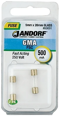 Gma 500ma Fast Acting Glass Fuse 2 Pk, 5mm X 20mm, 250v, Model 60691