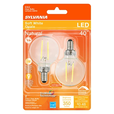 Sylvania 40784 G16.5 LED Bulb, 40W Equivalent, E12 Base, Soft White, 2-Pack