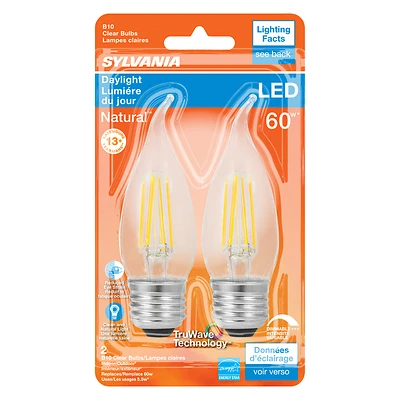 Sylvania 40760 Natural B10 LED Bulb, Decorative, 60W Equivalent, Dimmable, 2-Pack