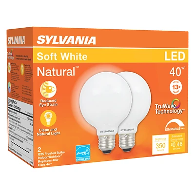 Sylvania 40765 G25 LED Bulb, Soft White, 40W Equivalent, 2-Pack
