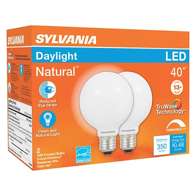 G25 E26 Led Bulb Daylight 40w Equivalent Dimmable 2 Pk With Truwave Technology