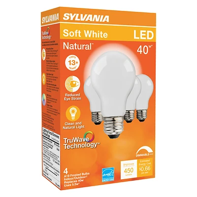 Sylvania 40668 A19 LED Bulb, 5.5W, Dimmable, Soft White, 4-Pack