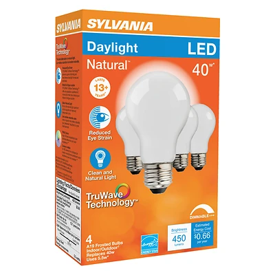 Sylvania 40669 A19 LED Bulb, 5.5W, Daylight 5000K, 4-Pack