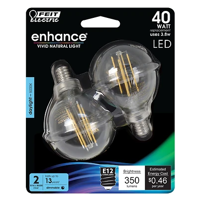 Feit Electric G16.5 Filament LED Bulb, E12 Base, 5000K Daylight, 2-Pack
