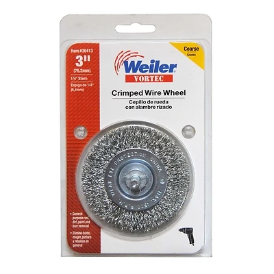 Weiler 36413 Vortec Wire Wheel Brush, 3 In., 1/4 In. Arbor, 4500 RPM