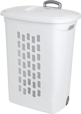 Sterilite 12228003 Wheeled Hamper With Lid, 2 Bu, White Plastic