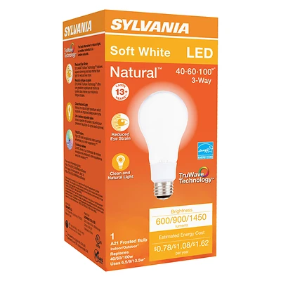 Sylvania 40777 Natural A21 LED Bulb, 3-Way 40/60/100W, Soft White 2700K
