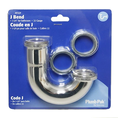 Plumb Pak PP1CP J-Bend Without Cleanout, 1-1/4 In. Brass, Chrome, Slip Joint