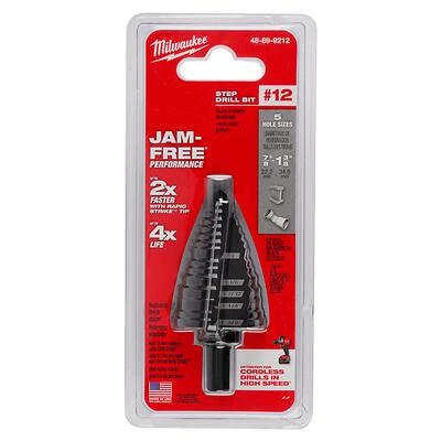 7/8 In. - 1-3/8 In. #12 Step Drill Bit, 5 Steps, Black Oxide, 3/8 In. Shank