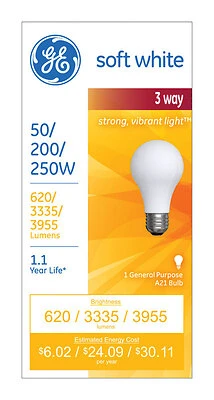 GE 3-Way A21 Incandescent Light Bulb, 50/200/250 Watt, Soft White