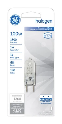 GE 97667 Halogen Bulb, 100 W, G8 Bi-Pin Lamp Base, T4 Lamp, Bright White Light, 1300 Lumens, 2900 K Color Temp