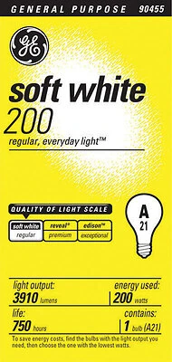 GE Soft White Incandescent Light Bulb, A21, 200W, Medium Base