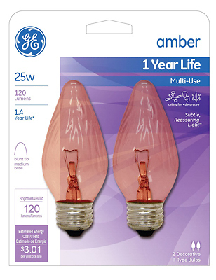 GE 75339 Light Bulb, 25 W, F15 Lamp, E26 Medium Lamp Base, 120 Lumens, 2400 K Color Temp, Amber Light