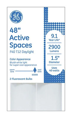 GE 93130677 Tube Light Bulb, 40 W, T12 Linear Lamp, G13 Bi-Pin Lamp Base, 2900 Lumens, 6500 K Color Temp, Daylight