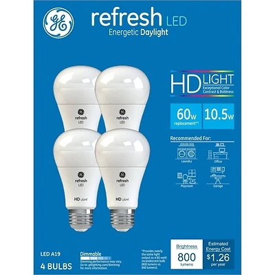 GE 96708 LED Bulb, 800 Lumens, 10 W, A19 Lamp, 60 W Equivalent, E26 Lamp Base, Dimmable, Daylight