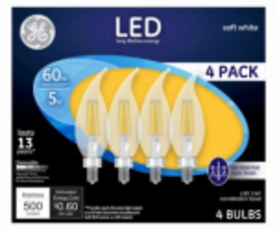 GE 93129333 Decorative LED Light Bulb, Bent Tip, 500 Lumens, 5 W, CAC Lamp, 60 W Equivalent, E12 Candelabra Lamp Base