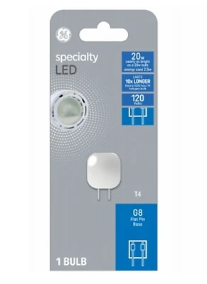 GE 93129078 Specialty LED Bulb, T4 Lamp, G8 Flat Pin Lamp Base, No, 3000 K Color Temp