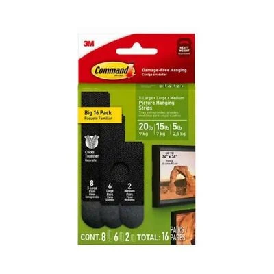 Command 17218BLK-16ES Picture Hanging Strip, 20 lb, Foam, Black, Adhesive