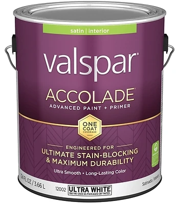 Valspar 028.0012002.007 Accolade Super Premium 100% Acrylic Satin Interior Wall Paint, Ultra White, 1 Gallon