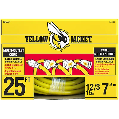 Yellow Jacket Extension Power Cord, 3-Outlet, 25 Ft.