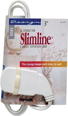 Woods 2235 Slimline 3 Ft. Indoor Extension Cord, 16/2, Flat Plug