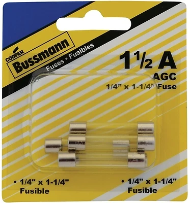 Bussmann BP/AGC-1-1/2-RP Glass Tube Fuse, 1-1/2-Amp, 250-Volt, 5-Pk.