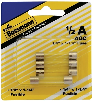 Bussmann BP/AGC-1/2-RP Glass Tube Fuse, 1/2A, 250V, 5-Pk.
