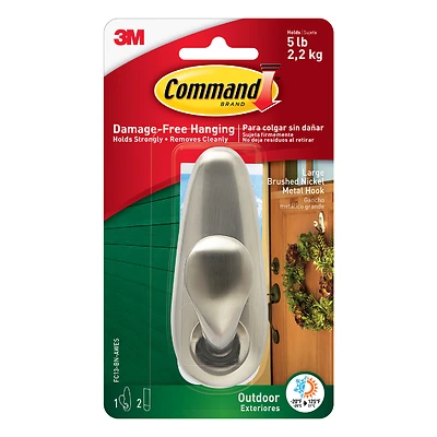 Command FC13-BN-AWES Large Outdoor Hook, 5 lb, 1-Hook, Metal, Brushed Nickel