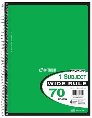 Top Flight WB70PF Wide Rule Notebook, 70 Sheets, Wirebound
