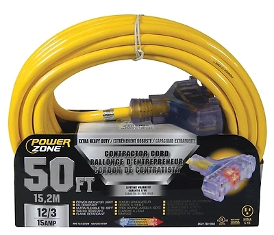 PowerZone ORP611830 Contractor Extension Cord, 12/3, 50 Ft, Yellow