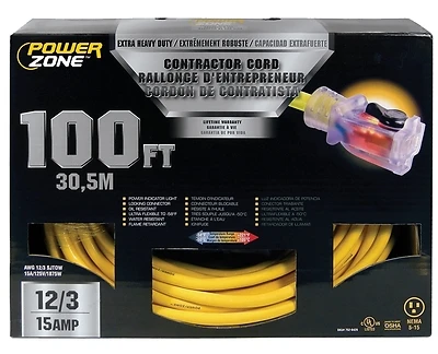 PowerZone ORP511835 Contractor Cord, 12/3 SJTOW, 100 Ft, Lighted Connector