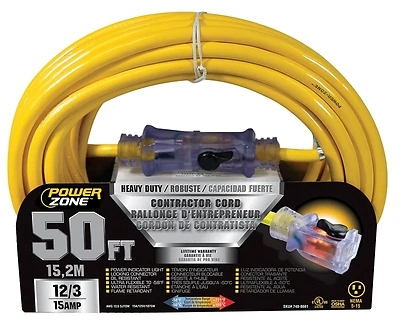 PowerZone ORP511830 Contractor Cord, 50 Ft, 12 AWG, Lighted Connector