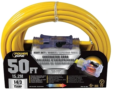 PowerZone ORP511730 Contractor Extension Cord, 50 Ft, 14/3 SJTOW, Yellow