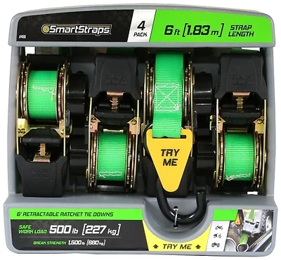 468 Retractable Tie-down, 6 Ft, 1500 Lb, Green, 4 Pk, S-hook