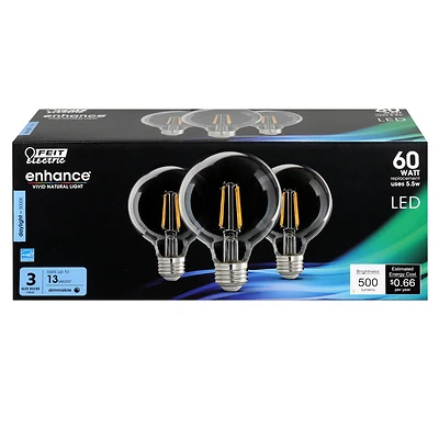 Enhance G25 E26 Filament Led Bulb Daylight 60w Equivalent 3 Pk, 500 Lumens