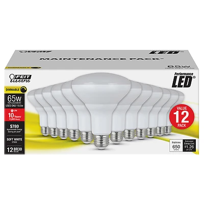 Feit Electric BR30D10KLEDMP12 LED Bulb, 65W Equivalent, Soft White, 12-Pack