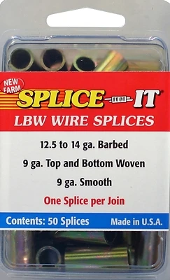 New Farm LBW5 Wire Splice, Stainless Steel, Silver, For: 12.5 to 14 ga Barbed Wire, 9 ga Top and Bottom Woven Fence
