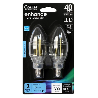 Enhance B10 E12 Filament Led Bulb Daylight 40w Equivalent 2 Pk, 300 Lumens