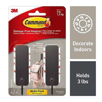 Command 17034MB-2ES Medium Hook, 3 lb, 1-Hook, Plastic, Black, Matte