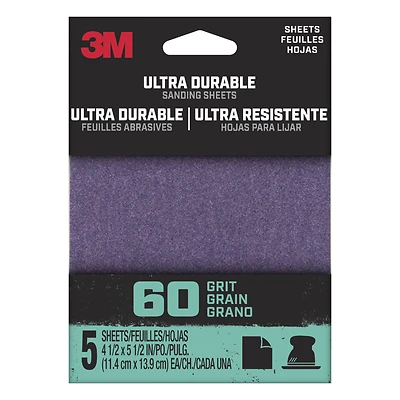 Ultra Durable Sanding Sheet, 60 Grit, 1/4-Sheet, 4.5 x 5.5 In., 5-Pk.